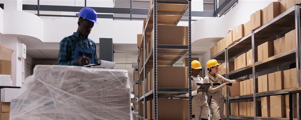 Warehouse team checking shipping documents and scanning parcels before dispatch, illustrating export preparation for Bulgarian businesses.